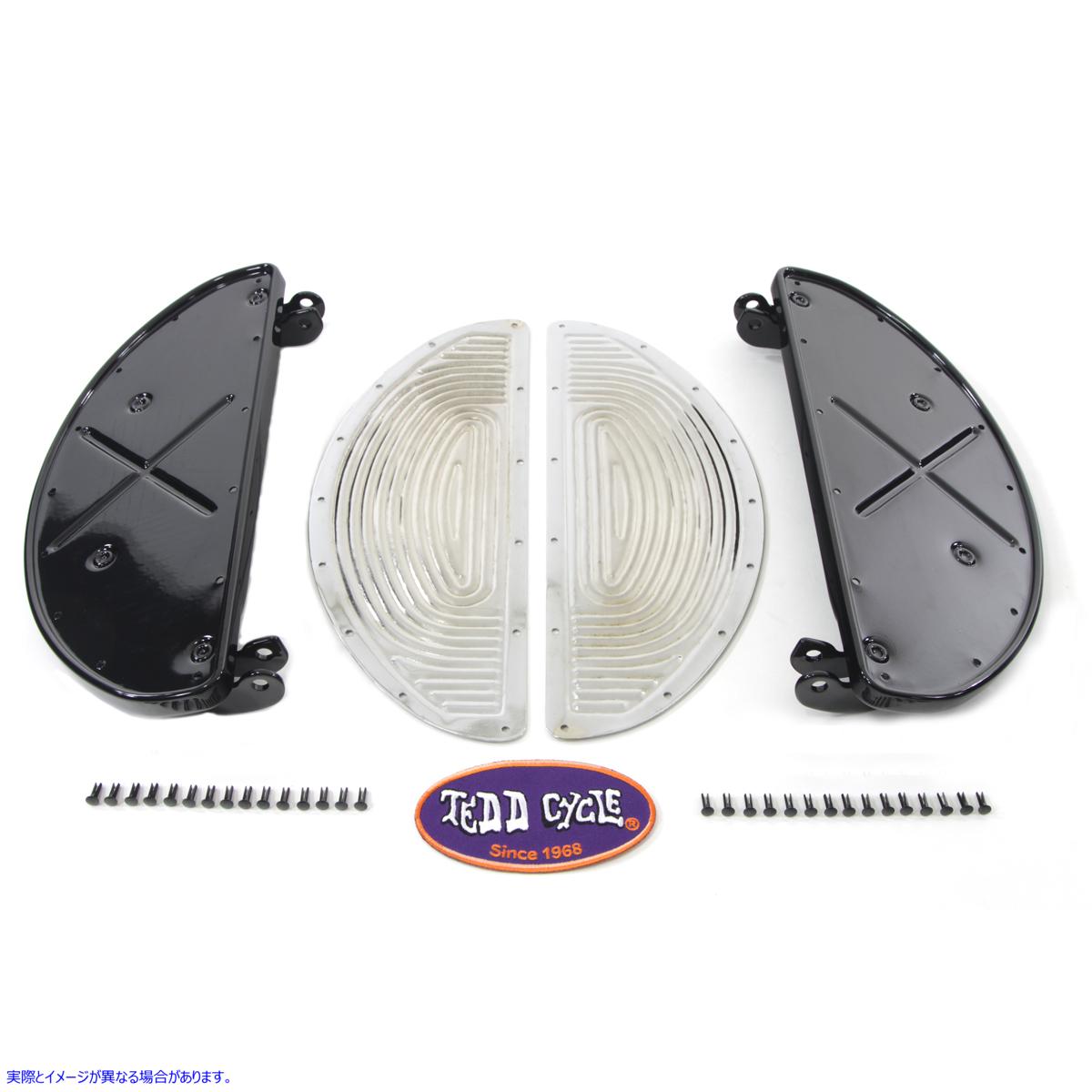 27-0372 クロームリブ付きブラックドライバーハーフムーンフットボードセット 取寄せ Vツイン Half Moon Footboard Set Black (