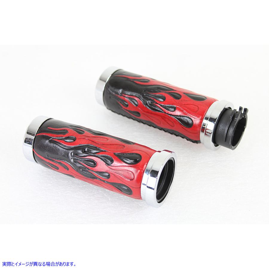 28-0893 レッドフレームスタイルグリップセット、クロームエンド付き Red Flame Style Grip Set with Chrome Ends 取寄せ Vツイ